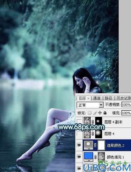 Photoshop给清纯玉腿美脚女神艺术写真图片调出梦幻唯美的青绿色