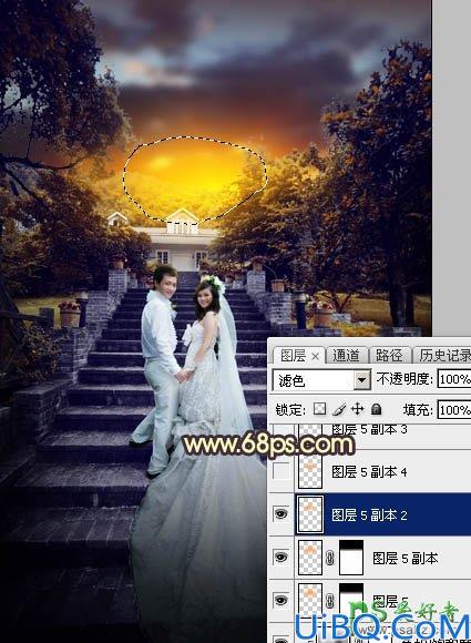 Photoshop调色教程:给古建筑风景图片中拍摄的情侣婚纱照调出唯美的黄色