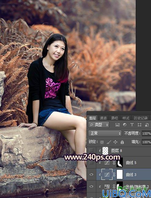 Photoshop给公园水池边洗脚的美女写真照调出甜美的橙红色