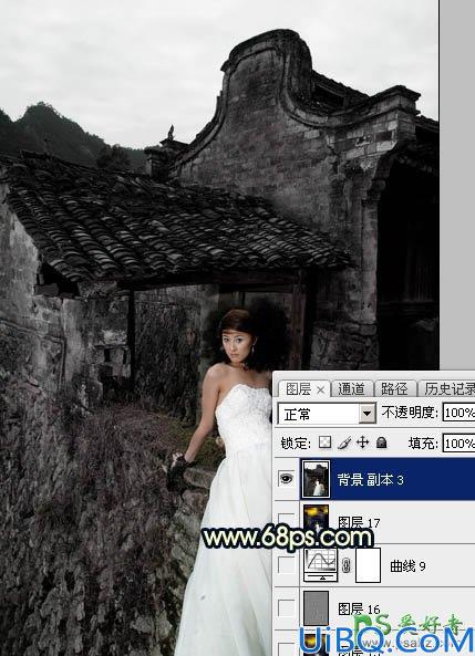 Photoshop婚片调色：给残旧古建筑中的美腿高跟婚片美女调出唯美的霞光色