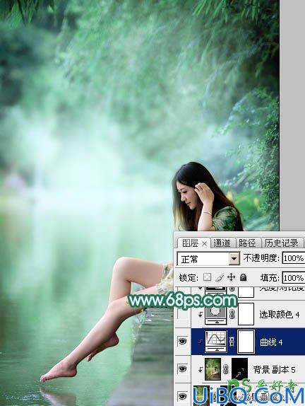 Photoshop给湖景边自拍的甜美女孩儿性感照片调出唯美的青绿色效