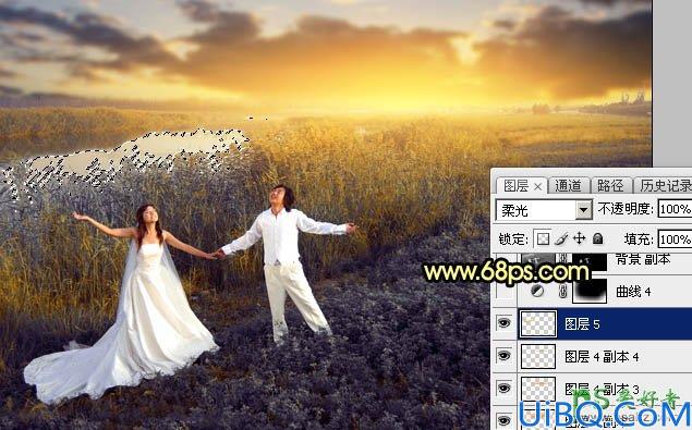 Photoshop婚片调色教程：给芦苇边自拍的情侣婚纱照调出唯美的晨曦色调