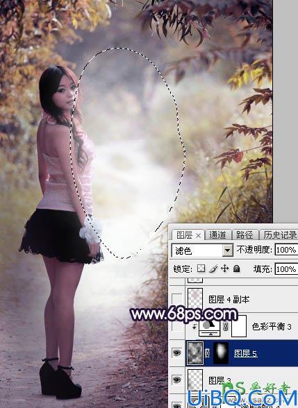 Photoshop调色教程：给树林中自拍的可爱女孩生活照调出秋季蓝紫色