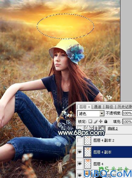 Photoshop美女图片调色：给草丛中自拍的欧美女生照片调出柔和的晨曦霞光