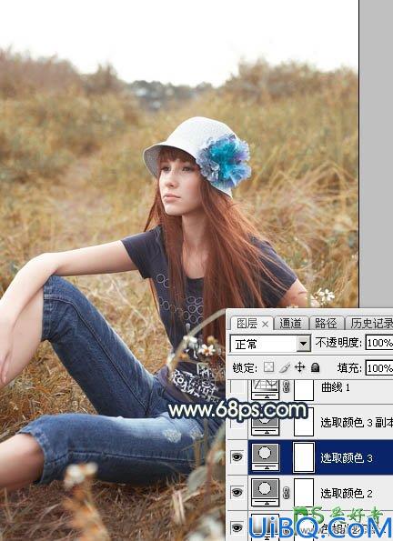 Photoshop美女图片调色：给草丛中自拍的欧美女生照片调出柔和的晨曦霞光