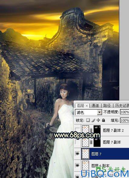 Photoshop婚片调色：给残旧古建筑中的美腿高跟婚片美女调出唯美的霞光色