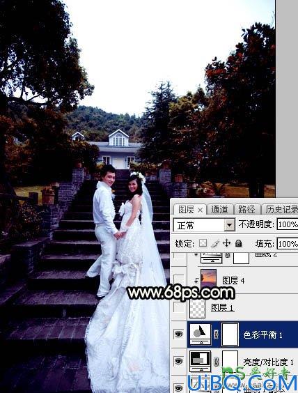 Photoshop给园林中拍摄的情侣婚纱照调出唯美梦幻温馨的霞光色彩