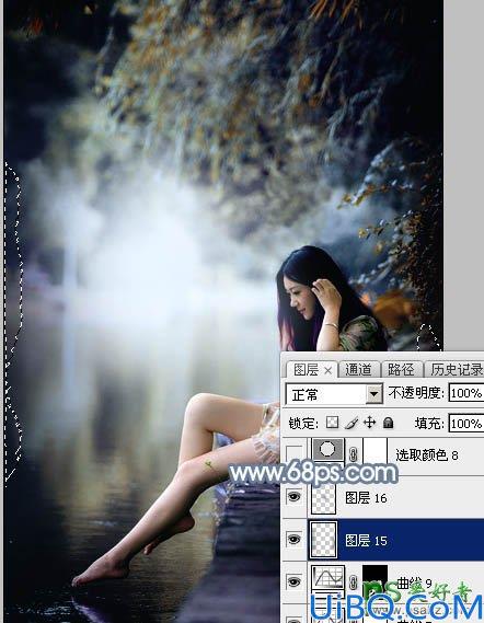 Photoshop给外景自拍的长腿美足少女生活照调出柔和的古典青蓝色