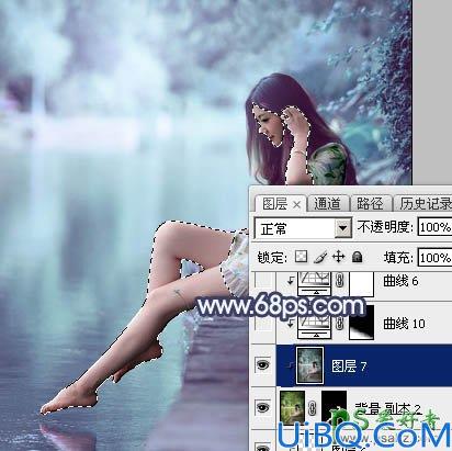 Photoshop调色教程：给水塘边的清纯玉腿美少女写真图片调出唯美的青蓝色