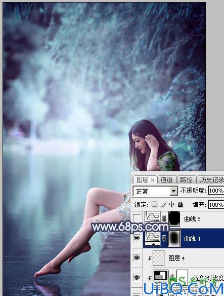 Photoshop调色教程：给水塘边的清纯玉腿美少女写真图片调出唯美的青蓝色