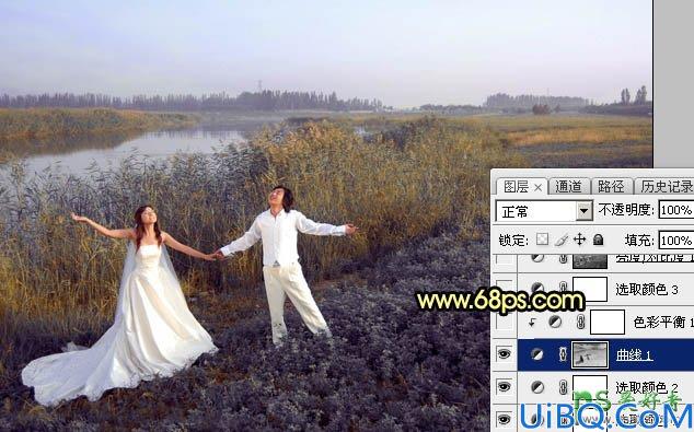 Photoshop婚片调色教程：给芦苇边自拍的情侣婚纱照调出唯美的晨曦色调