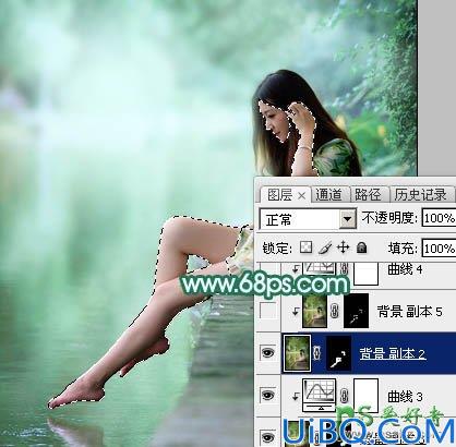 Photoshop给湖景边自拍的甜美女孩儿性感照片调出唯美的青绿色效