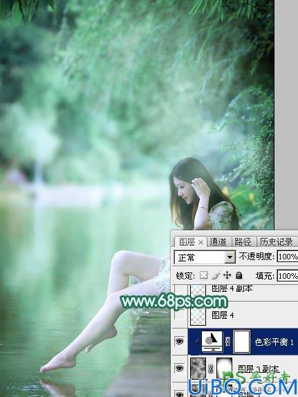 Photoshop给湖景边自拍的甜美女孩儿性感照片调出唯美的青绿色效