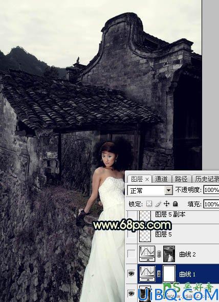 Photoshop婚片调色：给残旧古建筑中的美腿高跟婚片美女调出唯美的霞光色