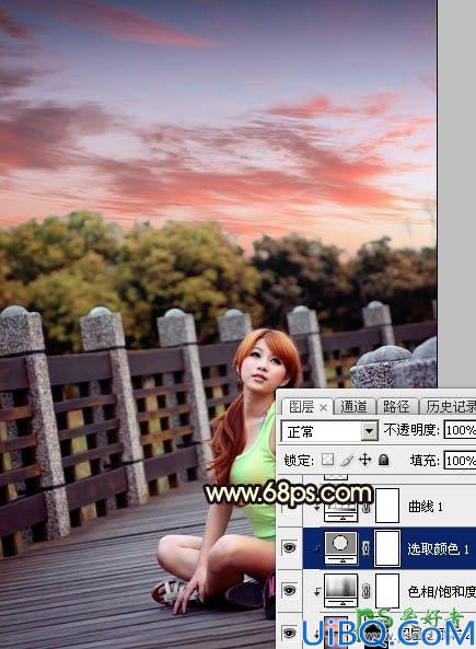 Photoshop美女照片调色：给公园木桥上自拍的可爱女生照片调出唯美橙色