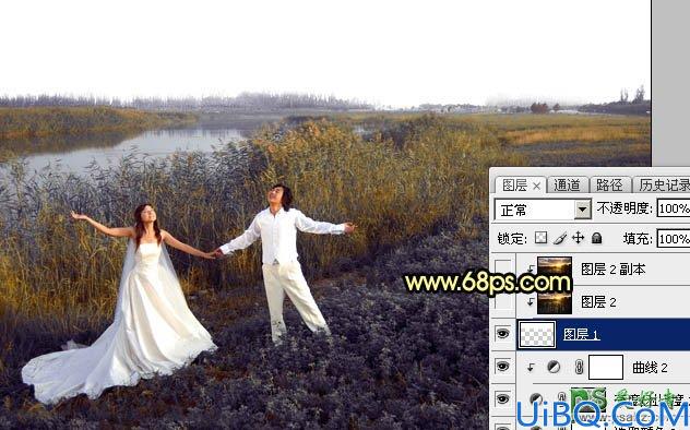 Photoshop婚片调色教程：给芦苇边自拍的情侣婚纱照调出唯美的晨曦色调