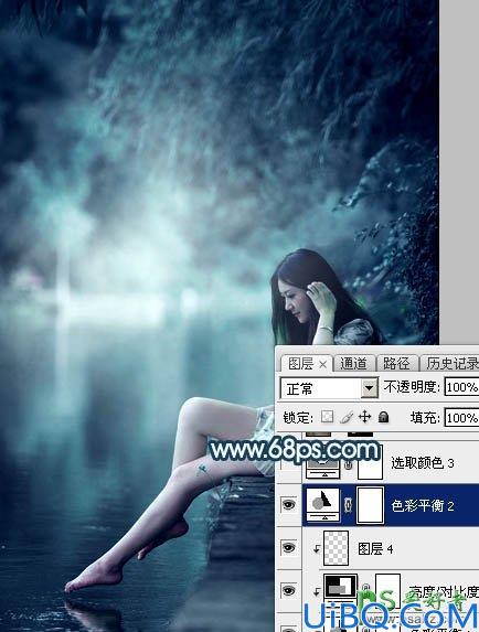 Photoshop调色教程：给河边上自拍的清纯玉腿少女艺术照调出唯美的青蓝色