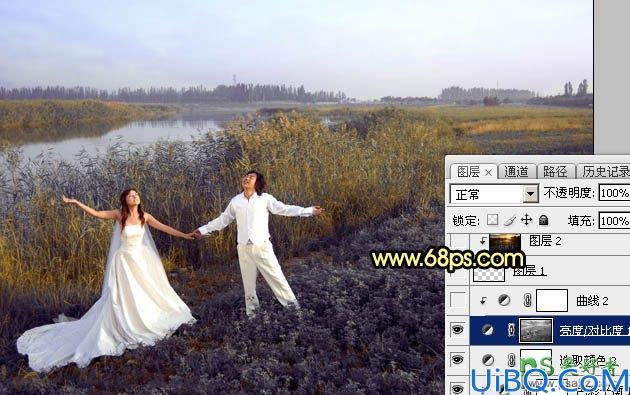 Photoshop婚片调色教程：给芦苇边自拍的情侣婚纱照调出唯美的晨曦色调