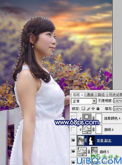 Photoshop给篱芭边自拍的性感美人生活照调出唯美漂亮的朝霞色彩