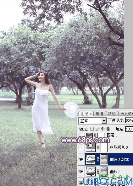 Photoshop美女图片调色教程：给树林中自拍的唯美女生照片调出淡调紫红色