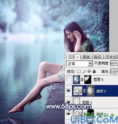 Photoshop调色教程：给水塘边的清纯玉腿美少女写真图片调出唯美的青蓝色