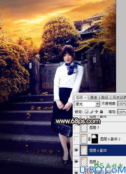 Photoshop给性感空姐制服美女外景写真图片调出唯美的夕阳霞光色