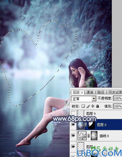 Photoshop调色教程：给水塘边的清纯玉腿美少女写真图片调出唯美的青蓝色