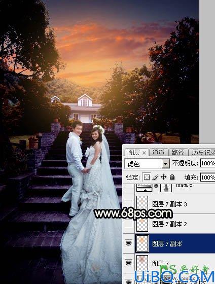 Photoshop给园林中拍摄的情侣婚纱照调出唯美梦幻温馨的霞光色彩