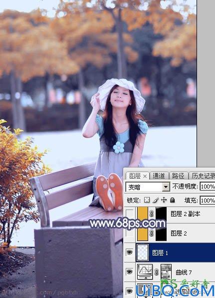 Photoshop调色教程：给公园里小清新可爱女生照片调出清爽的秋季蓝橙色效
