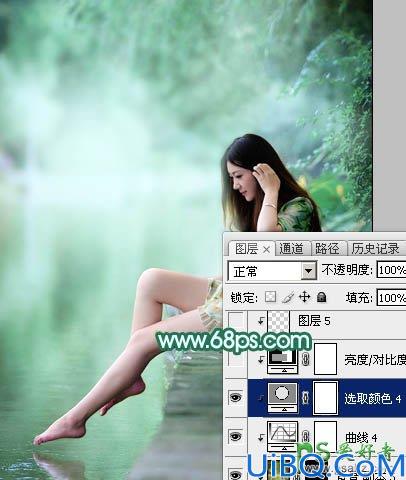 Photoshop给湖景边自拍的甜美女孩儿性感照片调出唯美的青绿色效