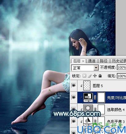 Photoshop调色教程：给河边上自拍的清纯玉腿少女艺术照调出唯美的青蓝色