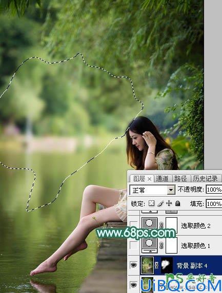 Photoshop给湖景边自拍的甜美女孩儿性感照片调出唯美的青绿色效