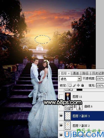 Photoshop给园林中拍摄的情侣婚纱照调出唯美梦幻温馨的霞光色彩