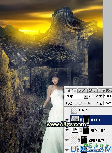 Photoshop婚片调色：给残旧古建筑中的美腿高跟婚片美女调出唯美的霞光色