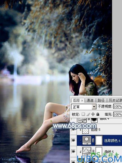 Photoshop给外景自拍的长腿美足少女生活照调出柔和的古典青蓝色