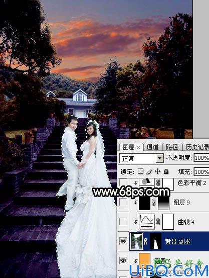 Photoshop给园林中拍摄的情侣婚纱照调出唯美梦幻温馨的霞光色彩