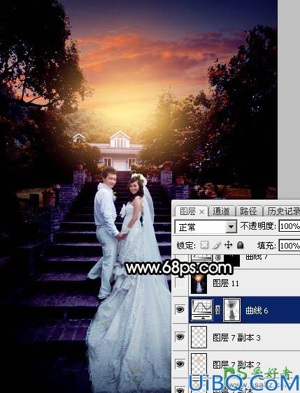 Photoshop给园林中拍摄的情侣婚纱照调出唯美梦幻温馨的霞光色彩