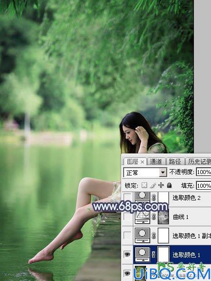 Photoshop调色教程：给水塘边的清纯玉腿美少女写真图片调出唯美的青蓝色