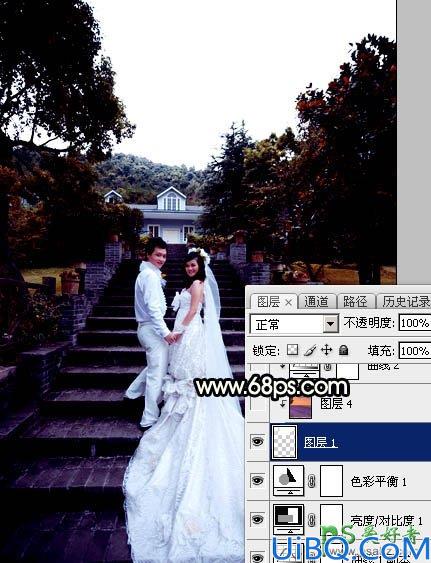 Photoshop给园林中拍摄的情侣婚纱照调出唯美梦幻温馨的霞光色彩