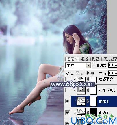 Photoshop调色教程：给水塘边的清纯玉腿美少女写真图片调出唯美的青蓝色