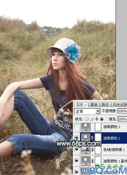 Photoshop美女图片调色：给草丛中自拍的欧美女生照片调出柔和的晨曦霞光