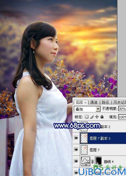 Photoshop给篱芭边自拍的性感美人生活照调出唯美漂亮的朝霞色彩