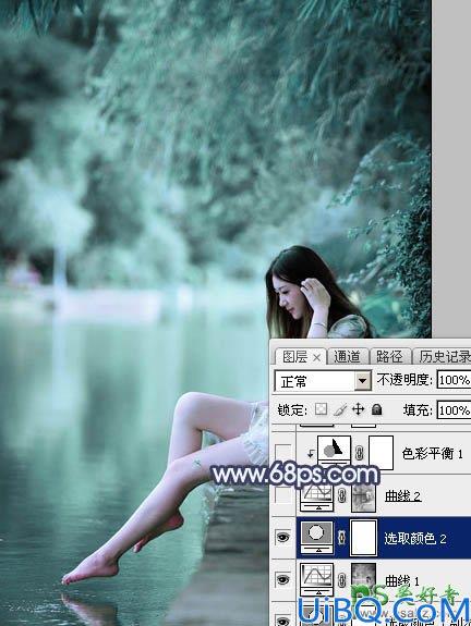 Photoshop调色教程：给水塘边的清纯玉腿美少女写真图片调出唯美的青蓝色