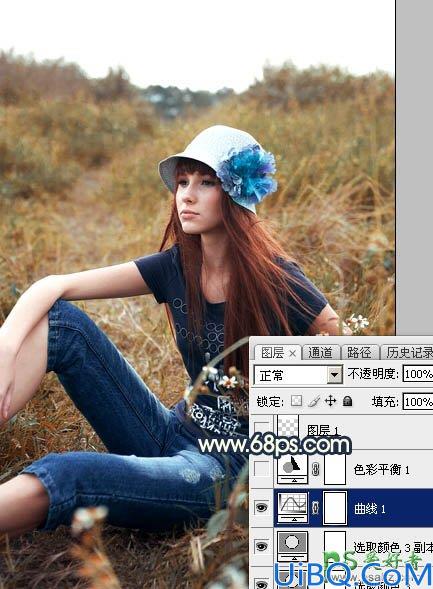 Photoshop美女图片调色：给草丛中自拍的欧美女生照片调出柔和的晨曦霞光