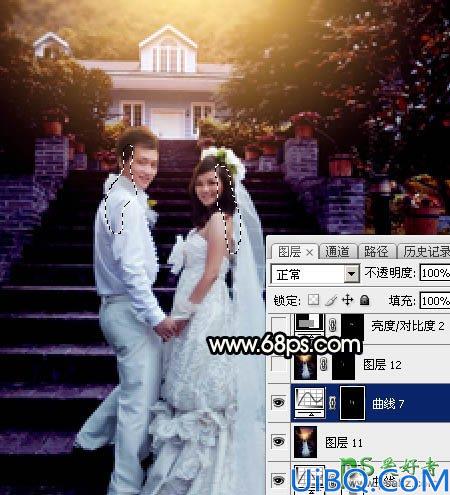 Photoshop给园林中拍摄的情侣婚纱照调出唯美梦幻温馨的霞光色彩