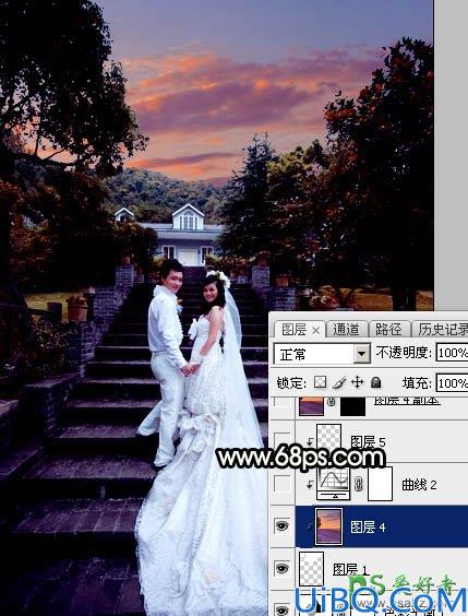 Photoshop给园林中拍摄的情侣婚纱照调出唯美梦幻温馨的霞光色彩