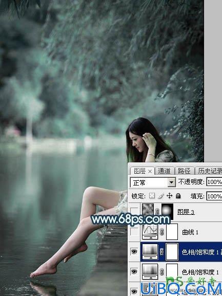 Photoshop调色教程：给河边上自拍的清纯玉腿少女艺术照调出唯美的青蓝色