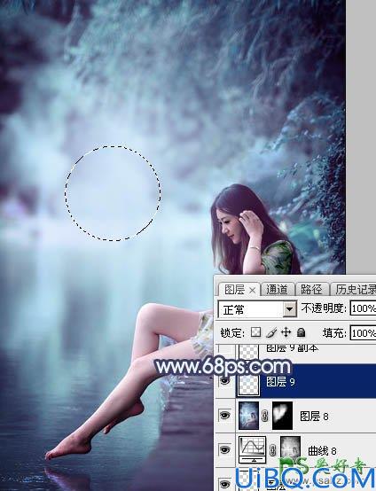 Photoshop调色教程：给水塘边的清纯玉腿美少女写真图片调出唯美的青蓝色