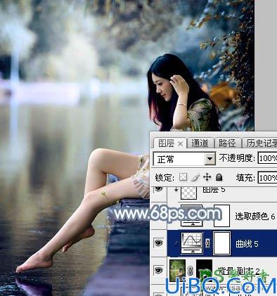 Photoshop给外景自拍的长腿美足少女生活照调出柔和的古典青蓝色