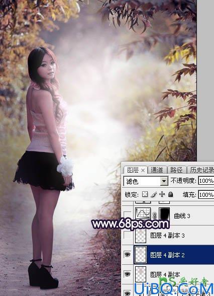 Photoshop调色教程：给树林中自拍的可爱女孩生活照调出秋季蓝紫色